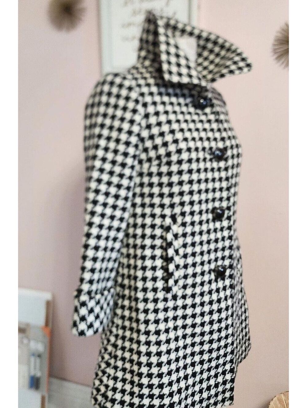 Trina Turk Houndstooth Wool Blend Hooded Coat Black Cream Size 2